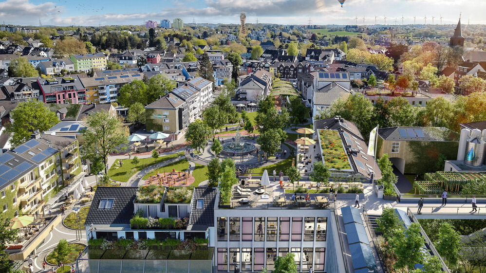 Das Bild zeigt das Rendering einer begr&uuml;nten Stadt mit nachhaltiger Infrastruktur.